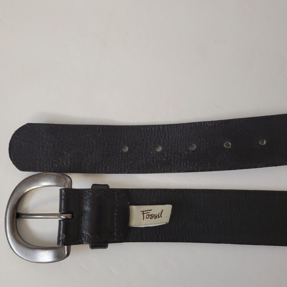 Vtg Boho Fossil Leather Black Embossed Bejeweled Buckle Women Belt Sz L - Picture 5 of 11